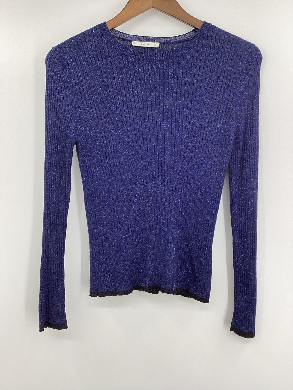 Zara Metallic Ribbed Crew Neck Sweater in Royal Blue